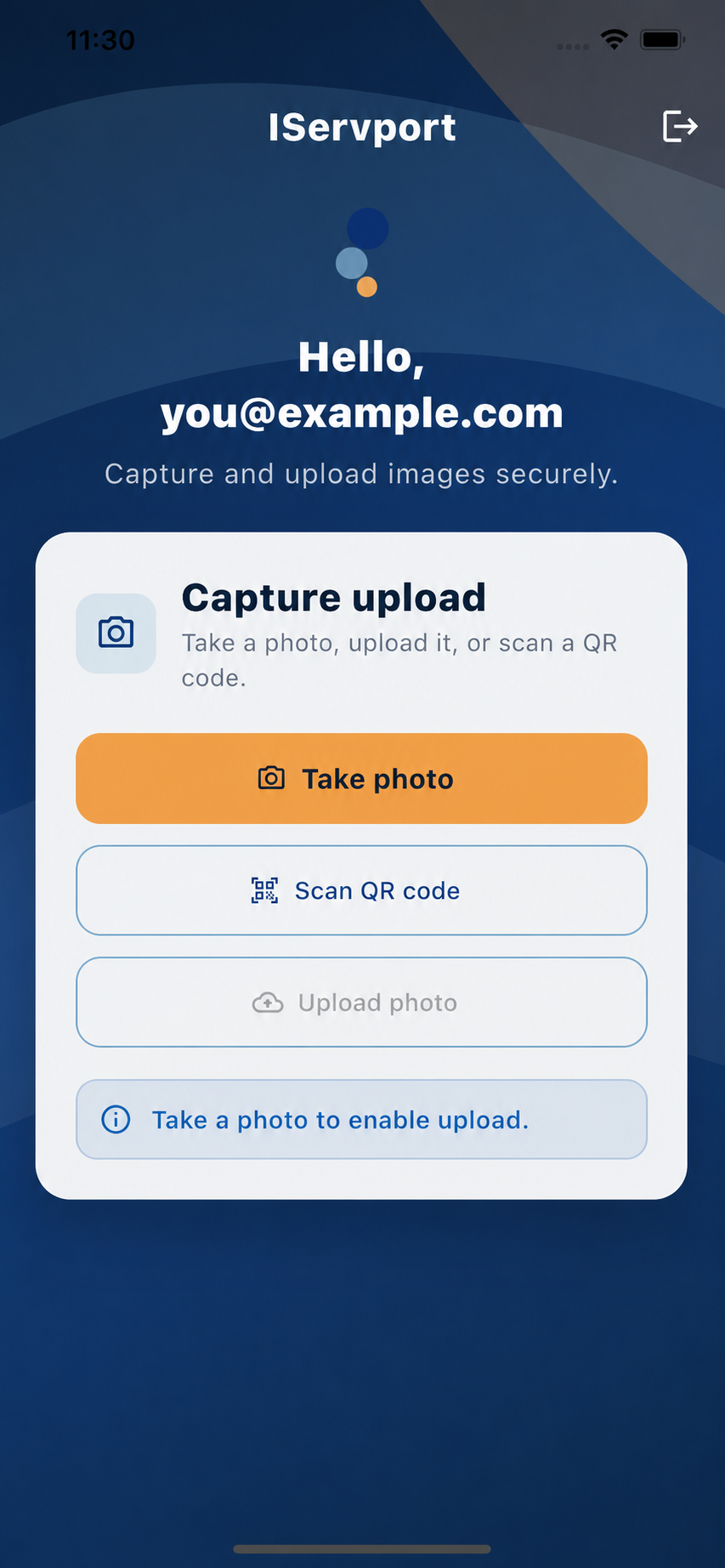 iservport Secure Capture home screen with options to take a photo, scan a QR code and upload an image
